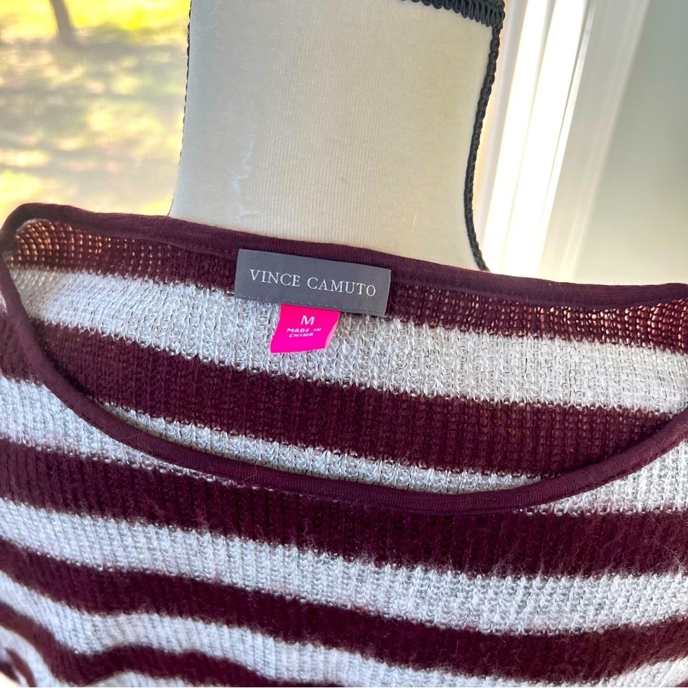 Women’s lightweight Vince Camuto Burgandy and Grey Horizontal Striped Sweater - Picture 4 of 4